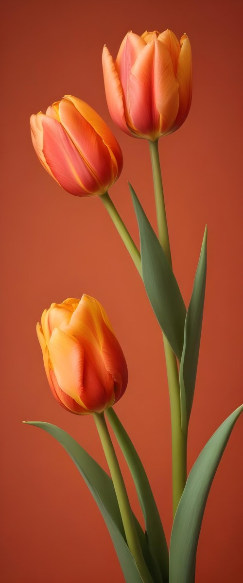 Minimal Soft Studio Light Photography Two Tulips One Red And One Orange Against A Orange Background High Detail Solid Bold Color Background 32 41d6