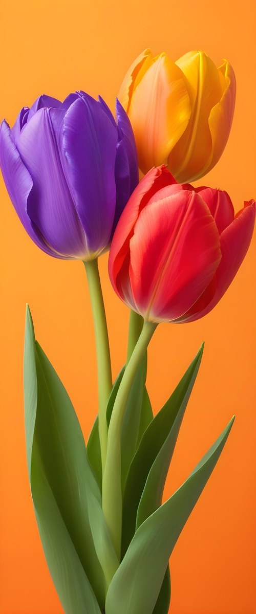 Minimal Soft Studio Light Photography Two Tulips One Red And One Orange Against A Orange Background High Detail Solid Bold Color Background 35 546b