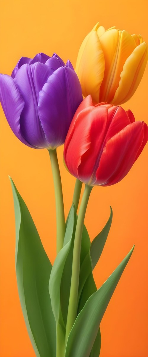 Minimal Soft Studio Light Photography Two Tulips One Red And One Orange Against A Orange Background High Detail Solid Bold Color Background 38 6f00