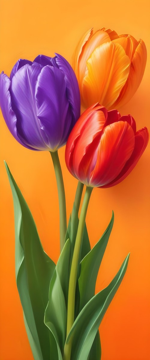 Minimal Soft Studio Light Photography Two Tulips One Red And One Orange Against A Orange Background High Detail Solid Bold Color Background 4 B149
