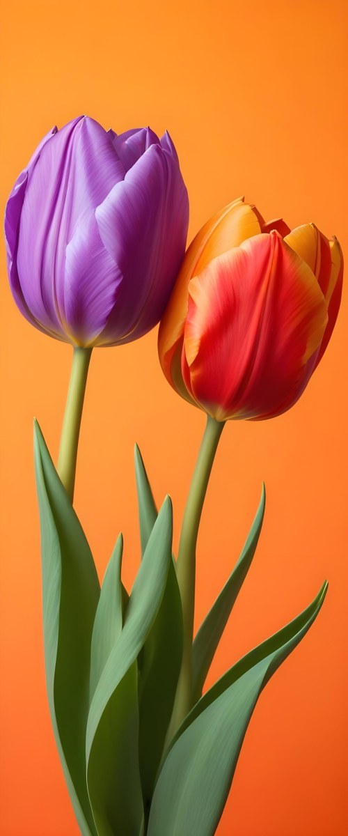Minimal Soft Studio Light Photography Two Tulips One Red And One Orange Against A Orange Background High Detail Solid Bold Color Background 43 312a