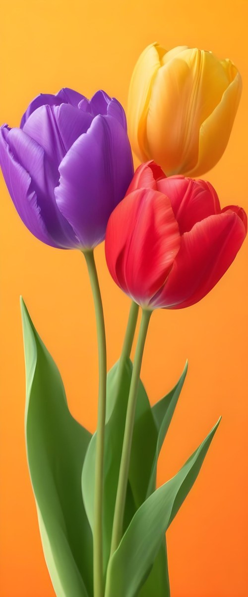 Minimal Soft Studio Light Photography Two Tulips One Red And One Orange Against A Orange Background High Detail Solid Bold Color Background 5 0c88