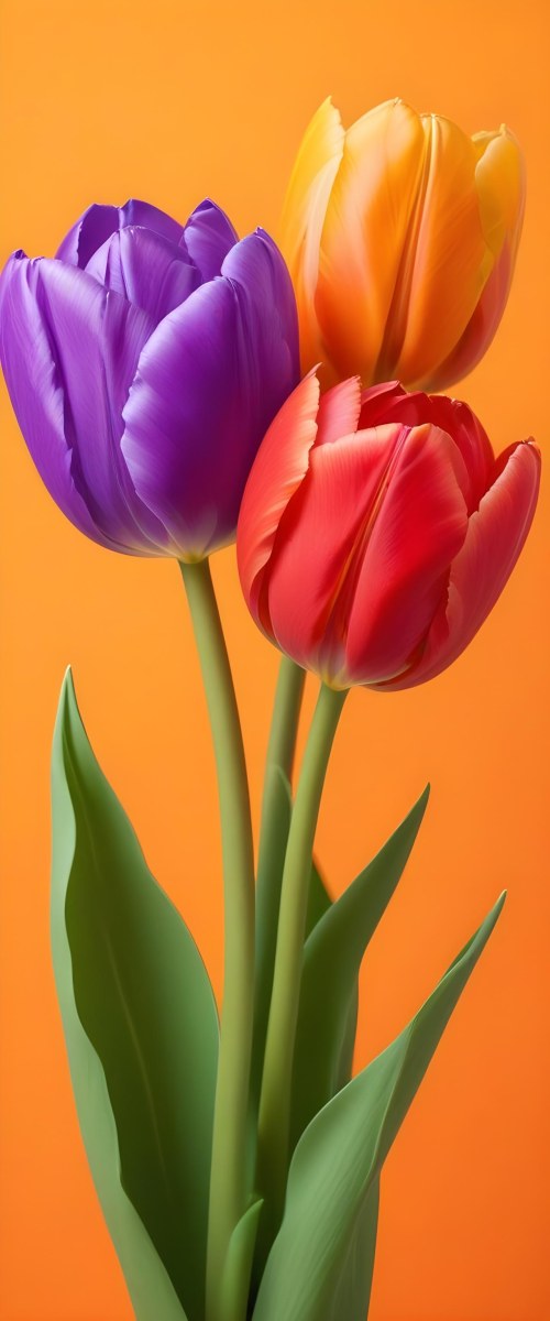 Minimal Soft Studio Light Photography Two Tulips One Red And One Orange Against A Orange Background High Detail Solid Bold Color Background 7 B17a