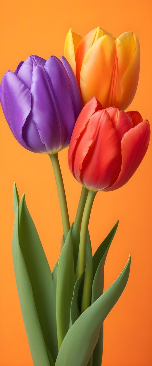 Minimal Soft Studio Light Photography Two Tulips One Red And One Orange Against A Orange Background High Detail Solid Bold Color Background 9 7637
