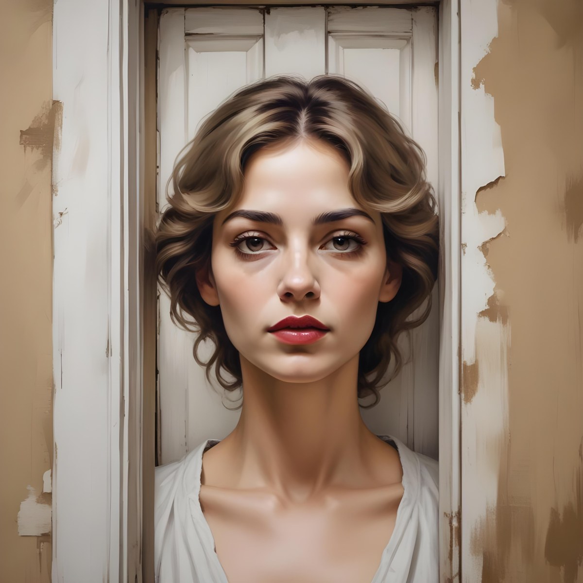 Oil Painting A Wall With A Painting Of A 30 Year Old White Woman With Brown Eyes And Dark Lips Two Doors At The Bottom Of The Wall Creative Extremely Detailed Brush Stroke 16 2b50