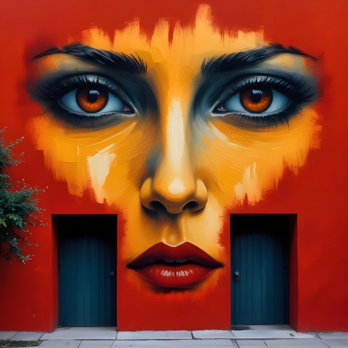 Oil Painting A Wall With A Painting Of A 30 Year Old White Woman With Brown Eyes And Dark Lips Two Doors At The Bottom Of The Wall Creative Extremely Detailed Brush Stroke 17 E584