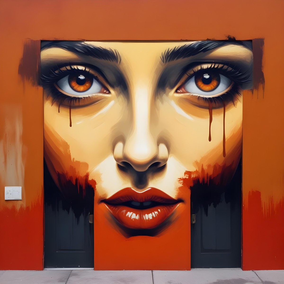 Oil Painting A Wall With A Painting Of A 30 Year Old White Woman With Brown Eyes And Dark Lips Two Doors At The Bottom Of The Wall Creative Extremely Detailed Brush Stroke 2 120c
