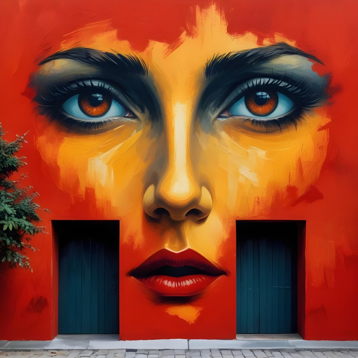 Oil Painting A Wall With A Painting Of A 30 Year Old White Woman With Brown Eyes And Dark Lips Two Doors At The Bottom Of The Wall Creative Extremely Detailed Brush Stroke 21 6d33