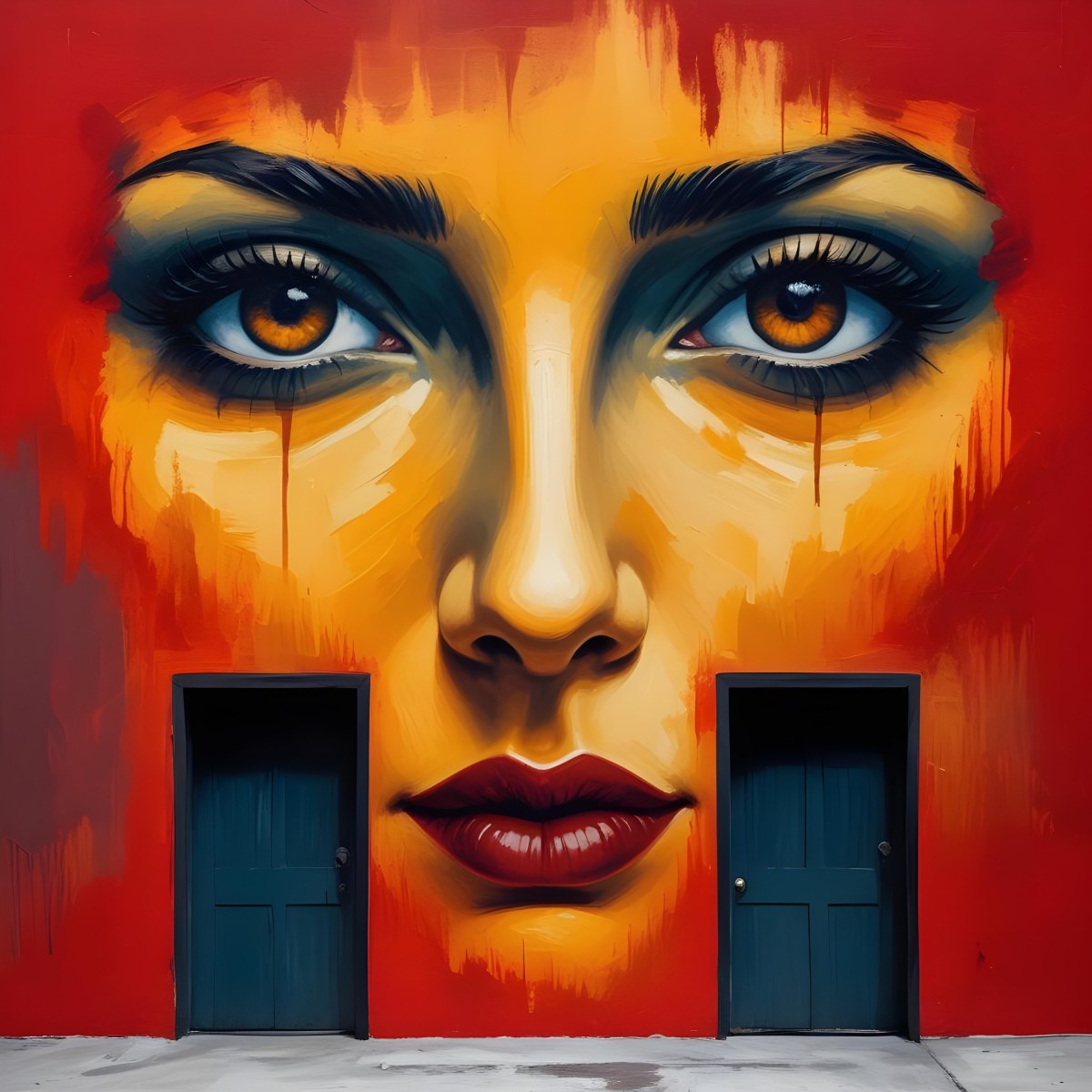 Oil Painting A Wall With A Painting Of A 30 Year Old White Woman With Brown Eyes And Dark Lips Two Doors At The Bottom Of The Wall Creative Extremely Detailed Brush Stroke 22 3a7a