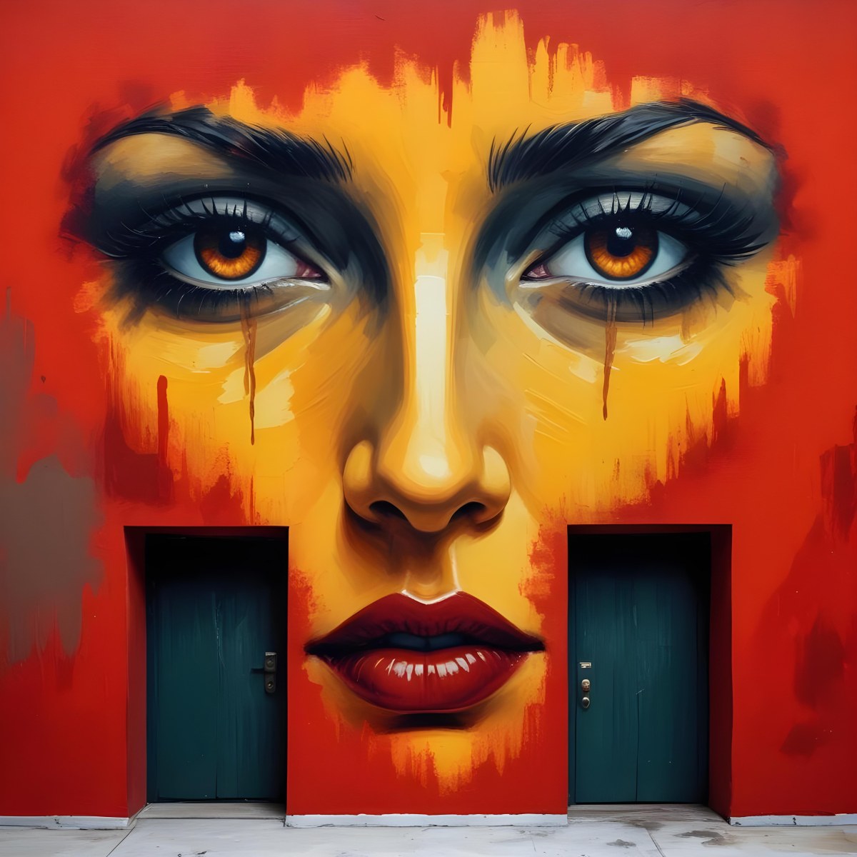 Oil Painting A Wall With A Painting Of A 30 Year Old White Woman With Brown Eyes And Dark Lips Two Doors At The Bottom Of The Wall Creative Extremely Detailed Brush Stroke 23 5e71