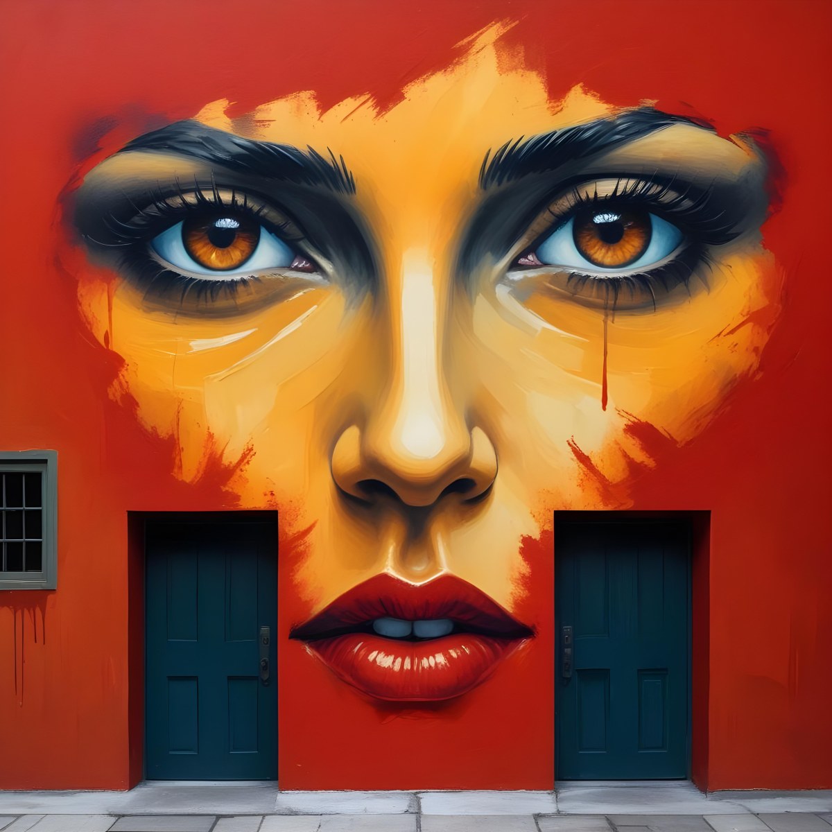 Oil Painting A Wall With A Painting Of A 30 Year Old White Woman With Brown Eyes And Dark Lips Two Doors At The Bottom Of The Wall Creative Extremely Detailed Brush Stroke 25 E9bb