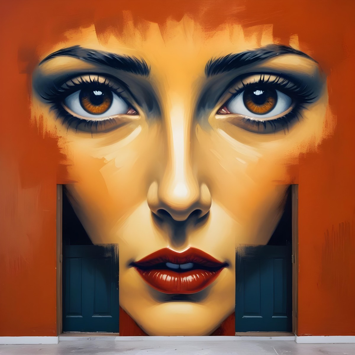 Oil Painting A Wall With A Painting Of A 30 Year Old White Woman With Brown Eyes And Dark Lips Two Doors At The Bottom Of The Wall Creative Extremely Detailed Brush Stroke 3 6aae