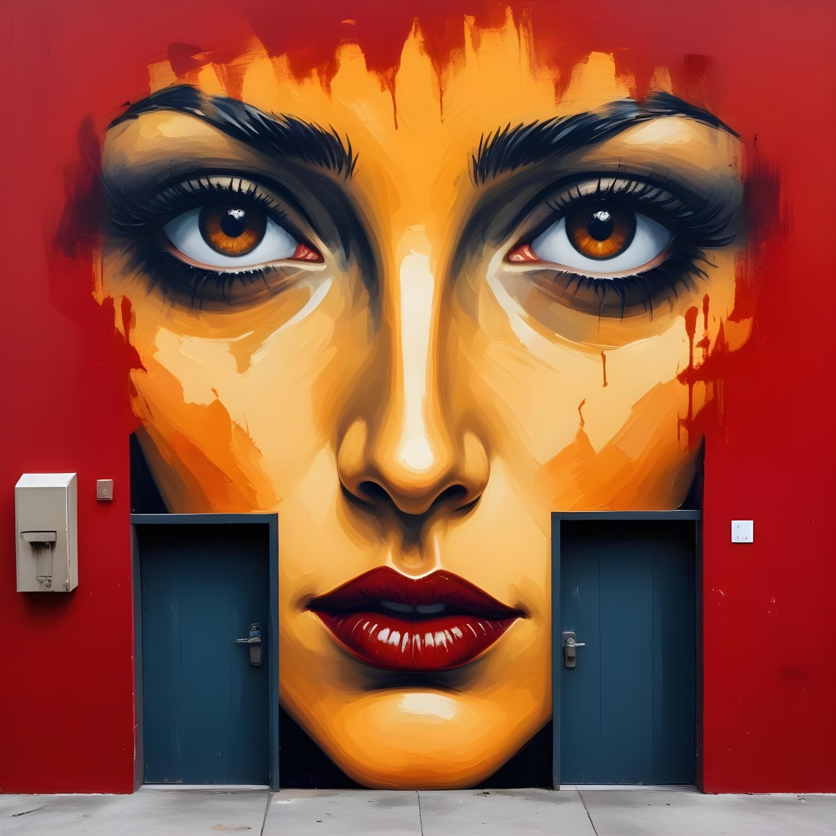 Oil Painting A Wall With A Painting Of A 30 Year Old White Woman With Brown Eyes And Dark Lips Two Doors At The Bottom Of The Wall Creative Extremely Detailed Brush Stroke 4 C7e7