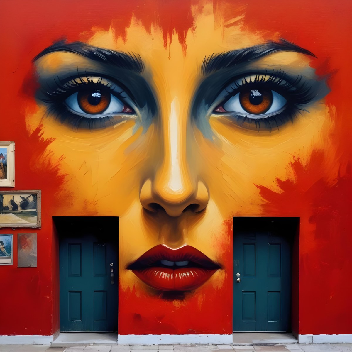 Oil Painting A Wall With A Painting Of A 30 Year Old White Woman With Brown Eyes And Dark Lips Two Doors At The Bottom Of The Wall Creative Extremely Detailed Brush Stroke 6 Bc2e