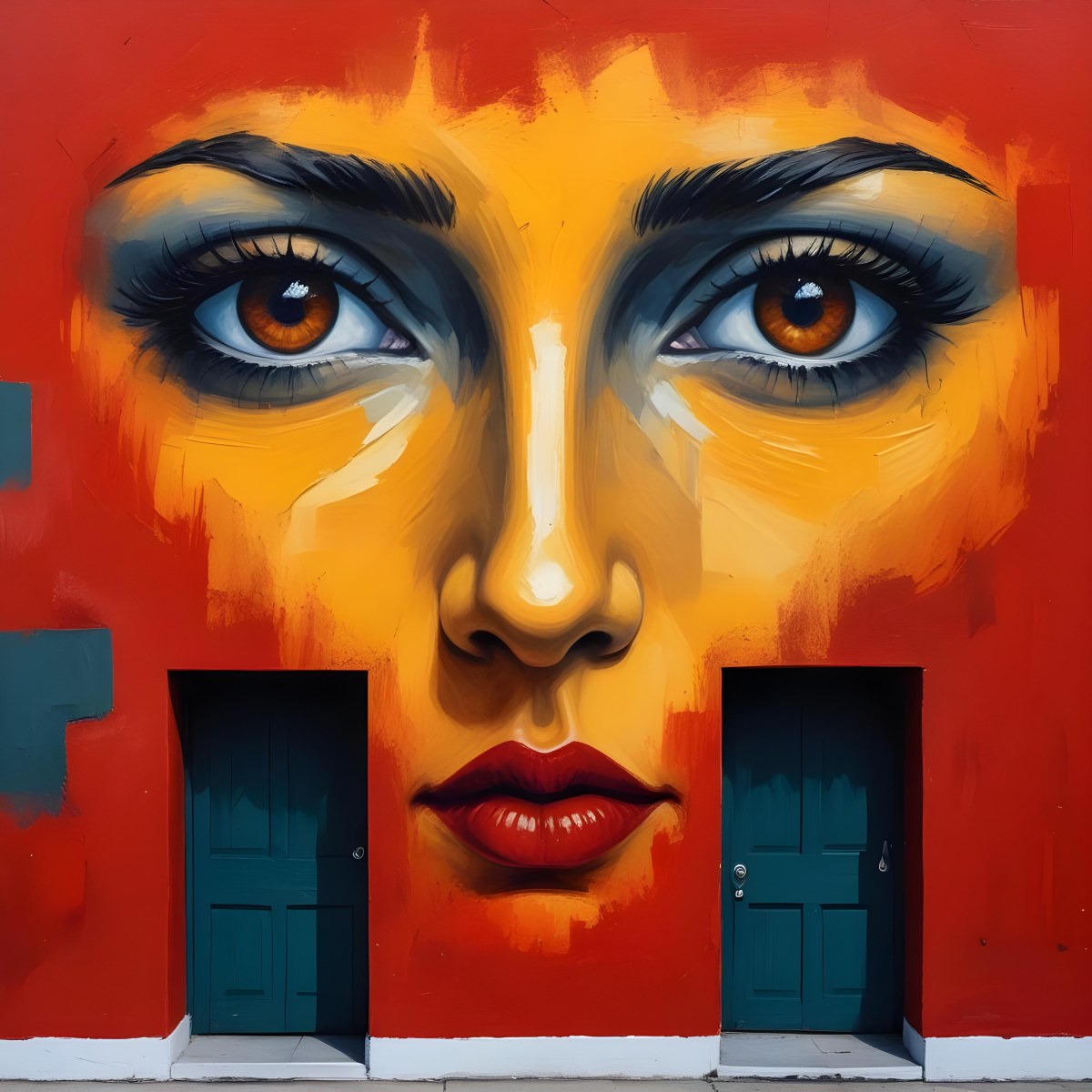 Oil Painting A Wall With A Painting Of A 30 Year Old White Woman With Brown Eyes And Dark Lips Two Doors At The Bottom Of The Wall Creative Extremely Detailed Brush Stroke 7 4b48