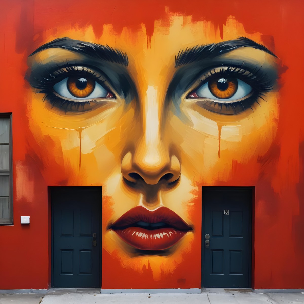 Oil Painting A Wall With A Painting Of A 30 Year Old White Woman With Brown Eyes And Dark Lips Two Doors At The Bottom Of The Wall Creative Extremely Detailed Brush Stroke 8 Dbe3