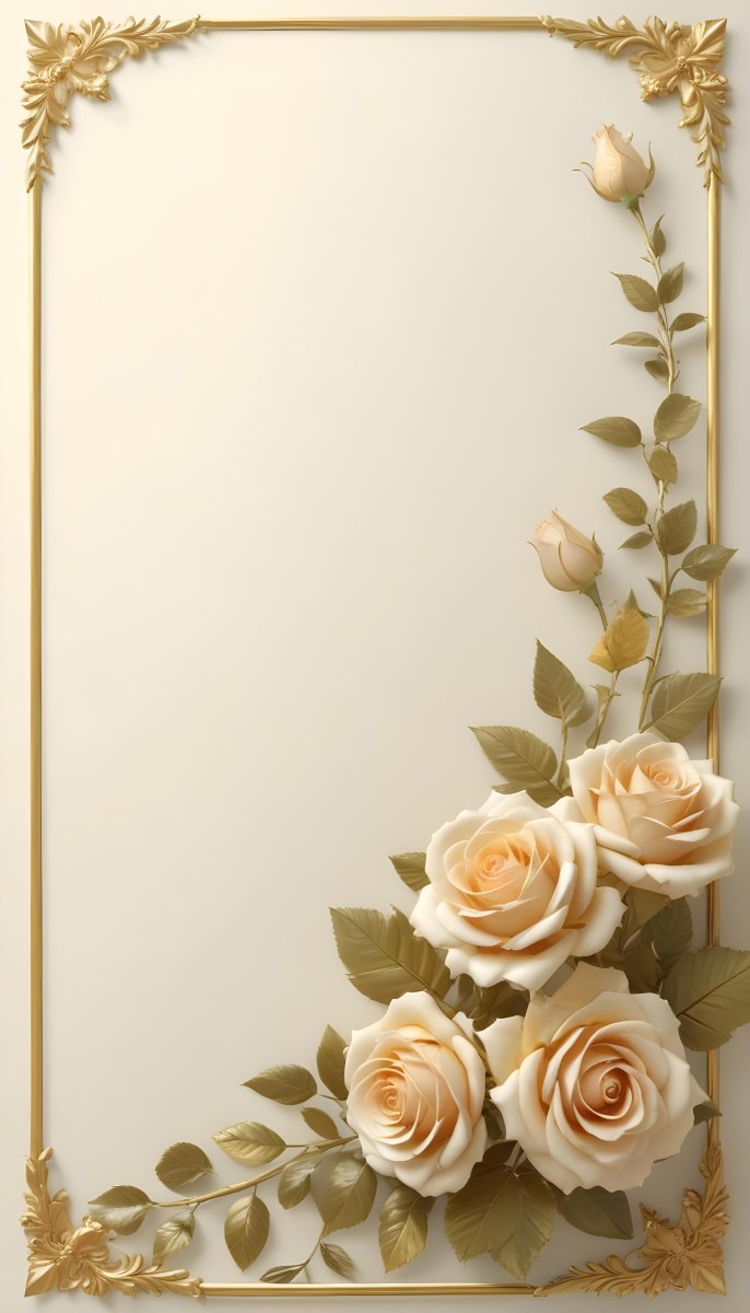 Oil Painting Roses With Yellow Leaves And Stems Light Yellow Background With A Golden Frame On The Left Side Soft Colors Elegant Design Romantic Theme Creative Extremely Detailed Brush Stroke 51 8cf1