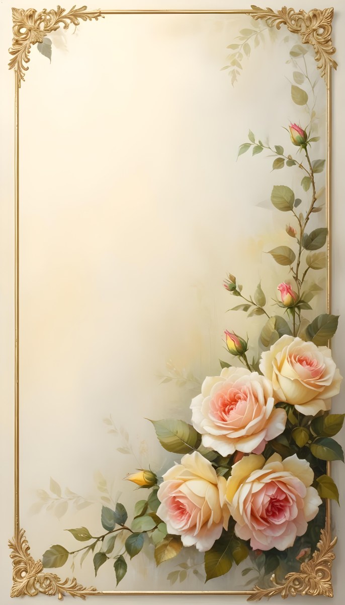 Oil Painting Roses With Yellow Leaves And Stems Light Yellow Background With A Golden Frame On The Left Side Soft Colors Elegant Design Romantic Theme Creative Extremely Detailed Brush Stroke 6 Dfe1
