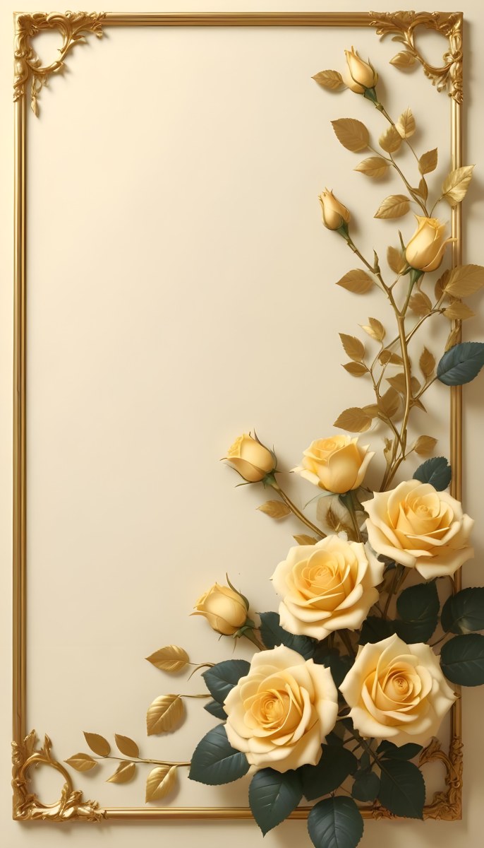 Oil Painting Roses With Yellow Leaves And Stems Light Yellow Background With A Golden Frame On The Left Side Soft Colors Elegant Design Romantic Theme Creative Extremely Detailed Brush Stroke 7 826f