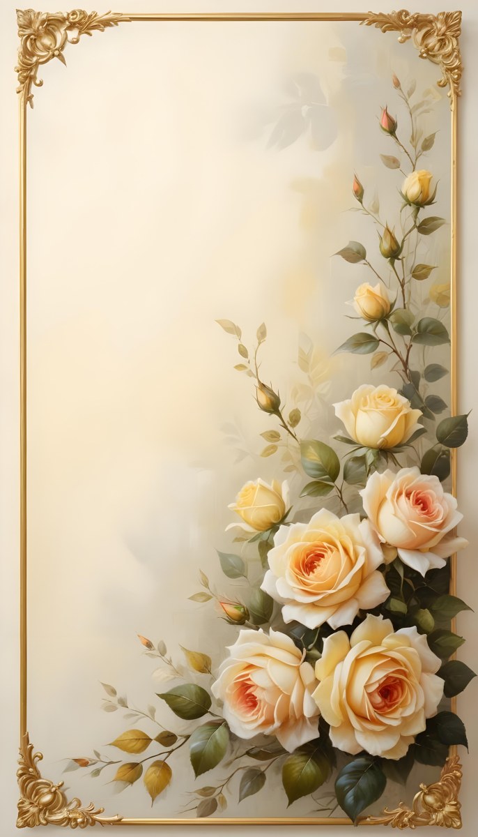 Oil Painting Roses With Yellow Leaves And Stems Light Yellow Background With A Golden Frame On The Left Side Soft Colors Elegant Design Romantic Theme Creative Extremely Detailed Brush Stroke 8 92d8