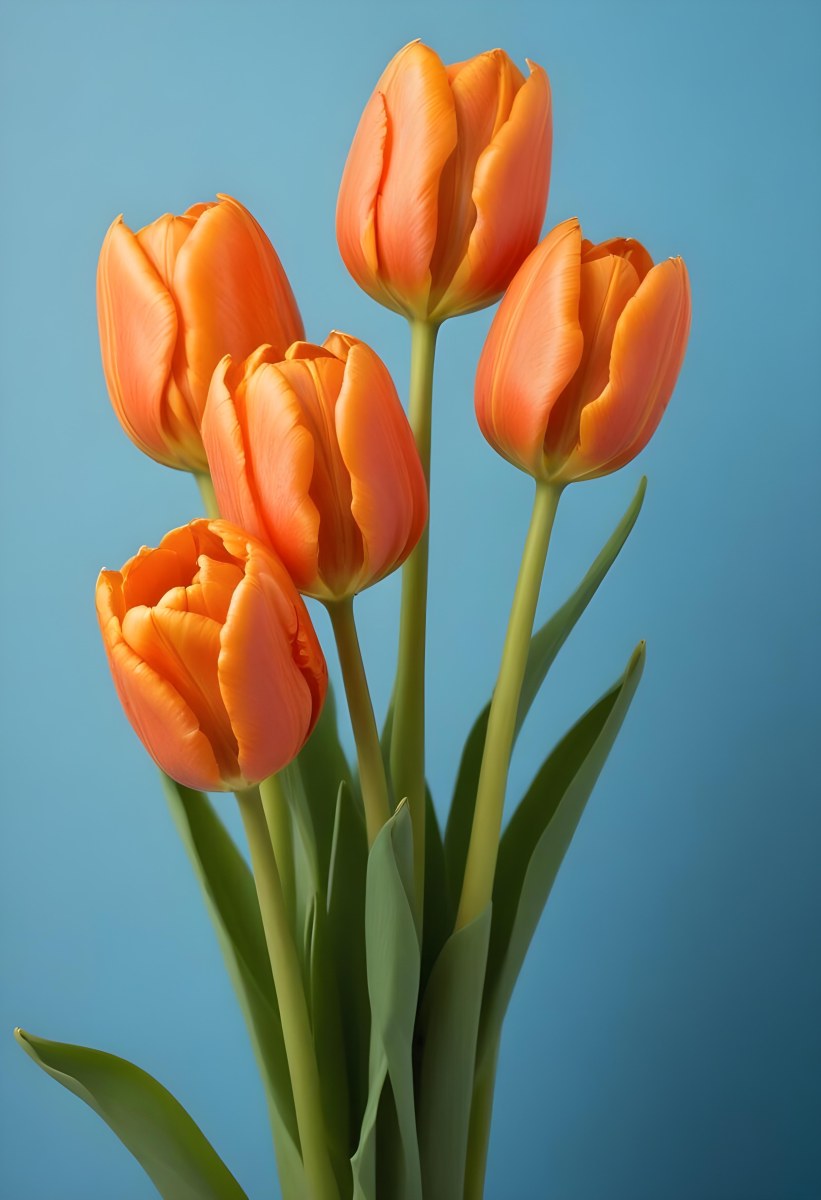 Orange Tulips With Green Stems Against A Blue Background 10 E19a