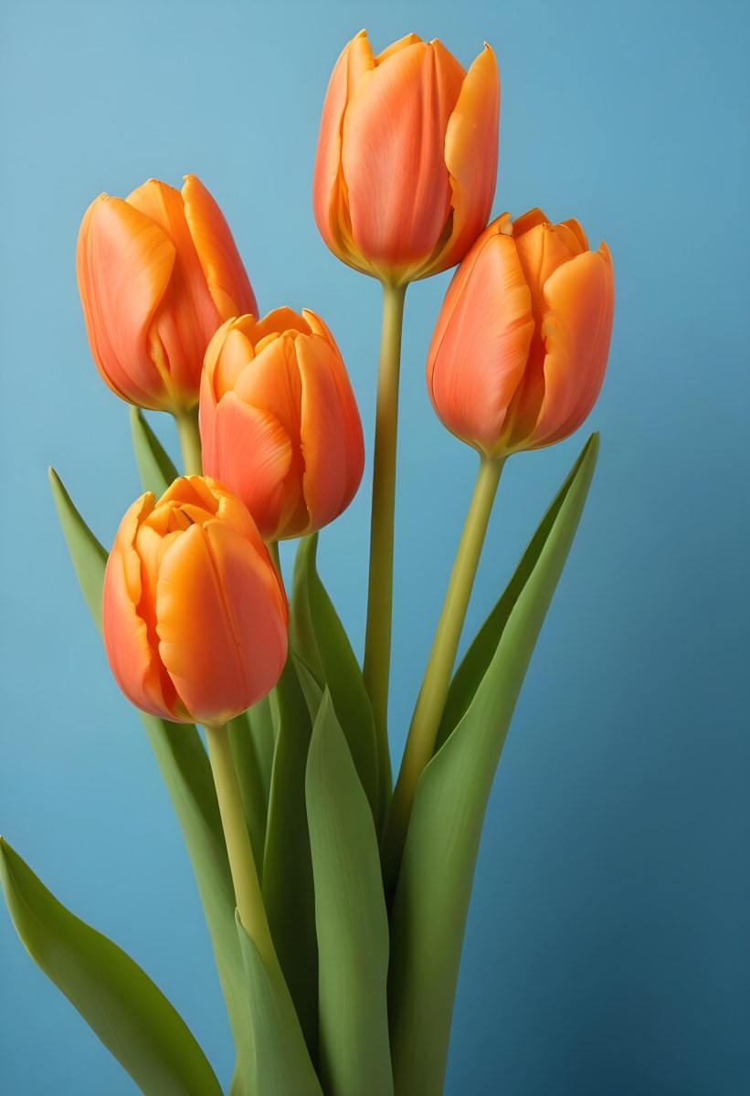 Orange Tulips With Green Stems Against A Blue Background 16 3a9f