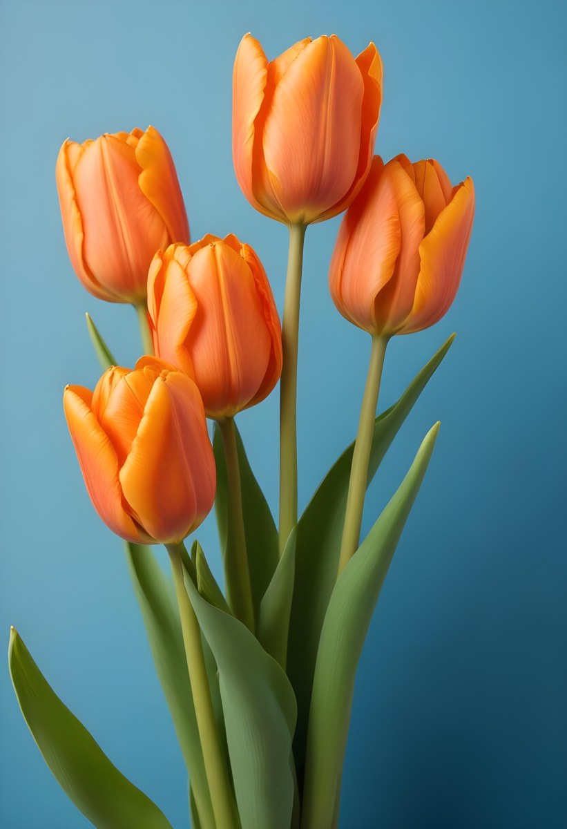 Orange Tulips With Green Stems Against A Blue Background 2 29f4