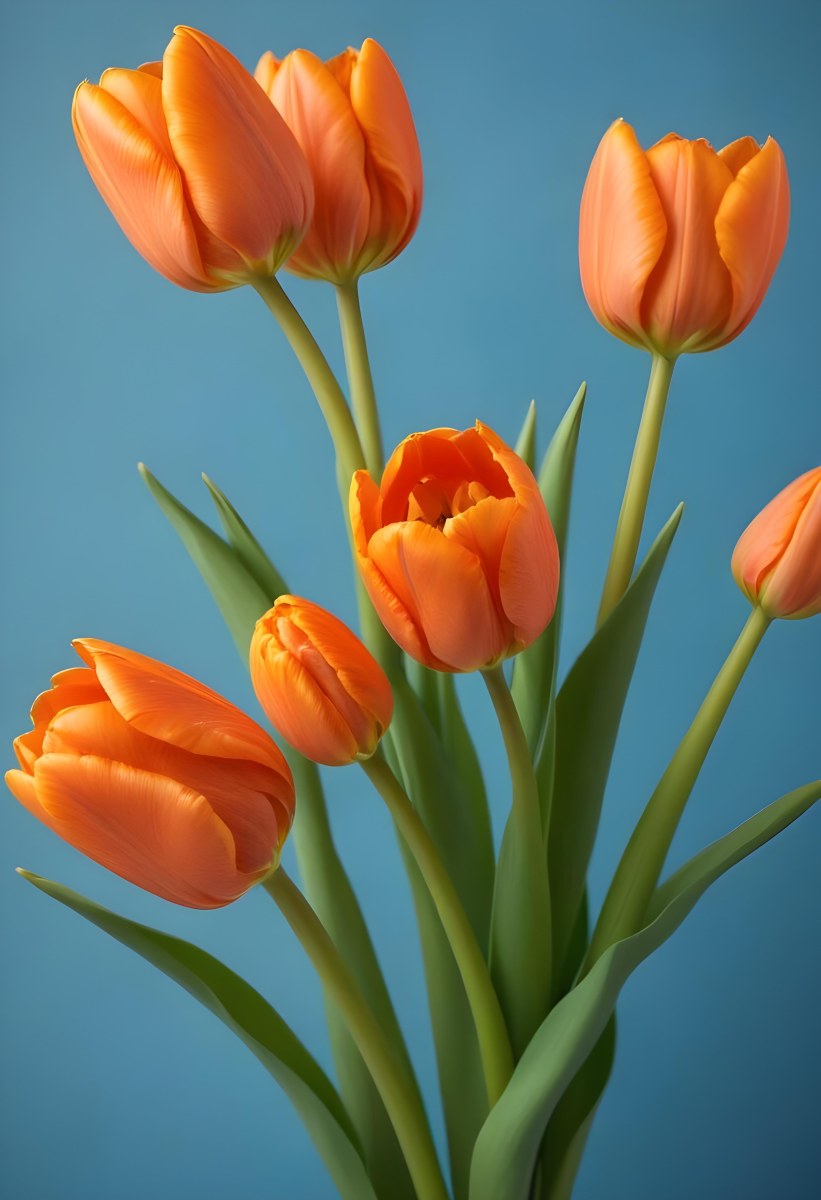 Orange Tulips With Green Stems Against A Blue Background 20 D602