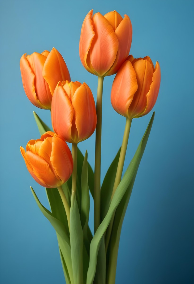 Orange Tulips With Green Stems Against A Blue Background 24 1c2c