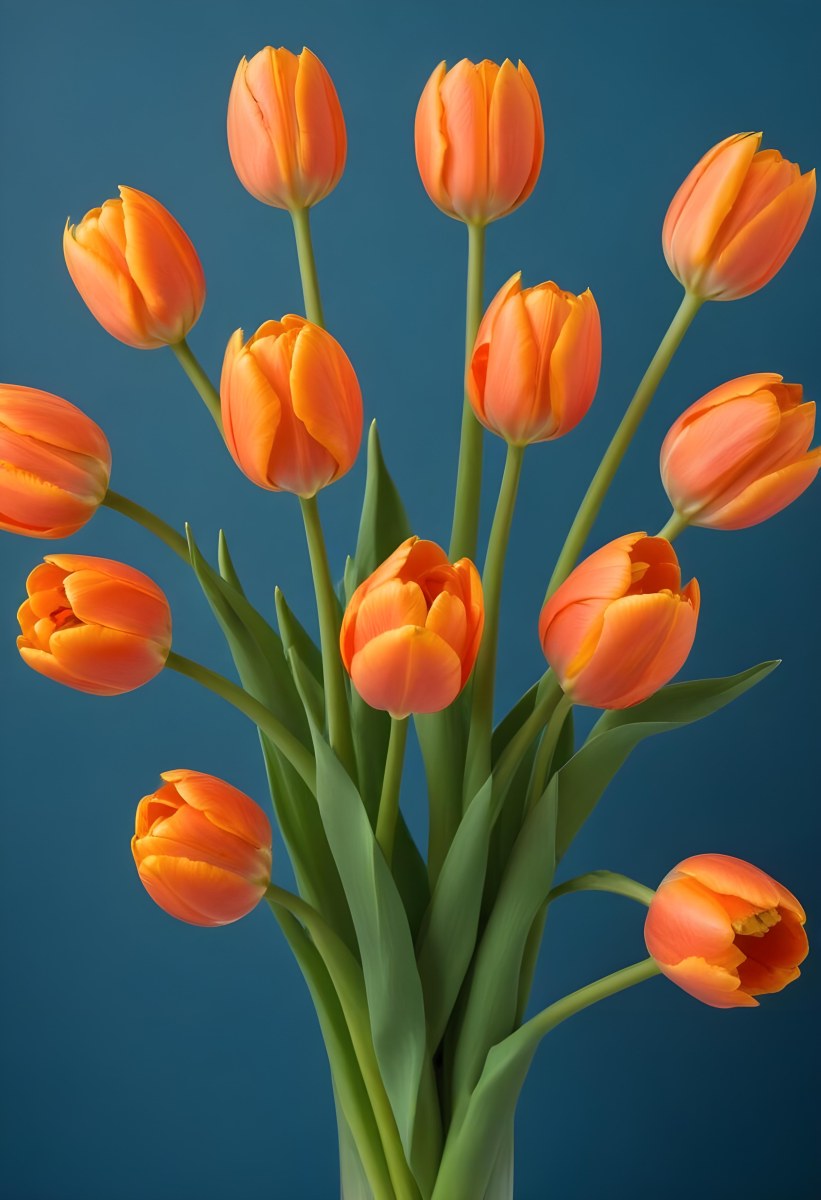 Orange Tulips With Green Stems Against A Blue Background 25 9897