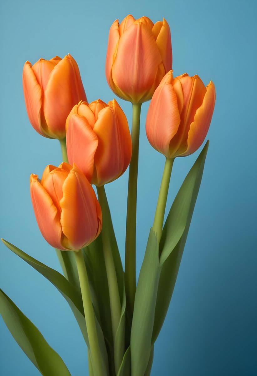 Orange Tulips With Green Stems Against A Blue Background 26 F2a4