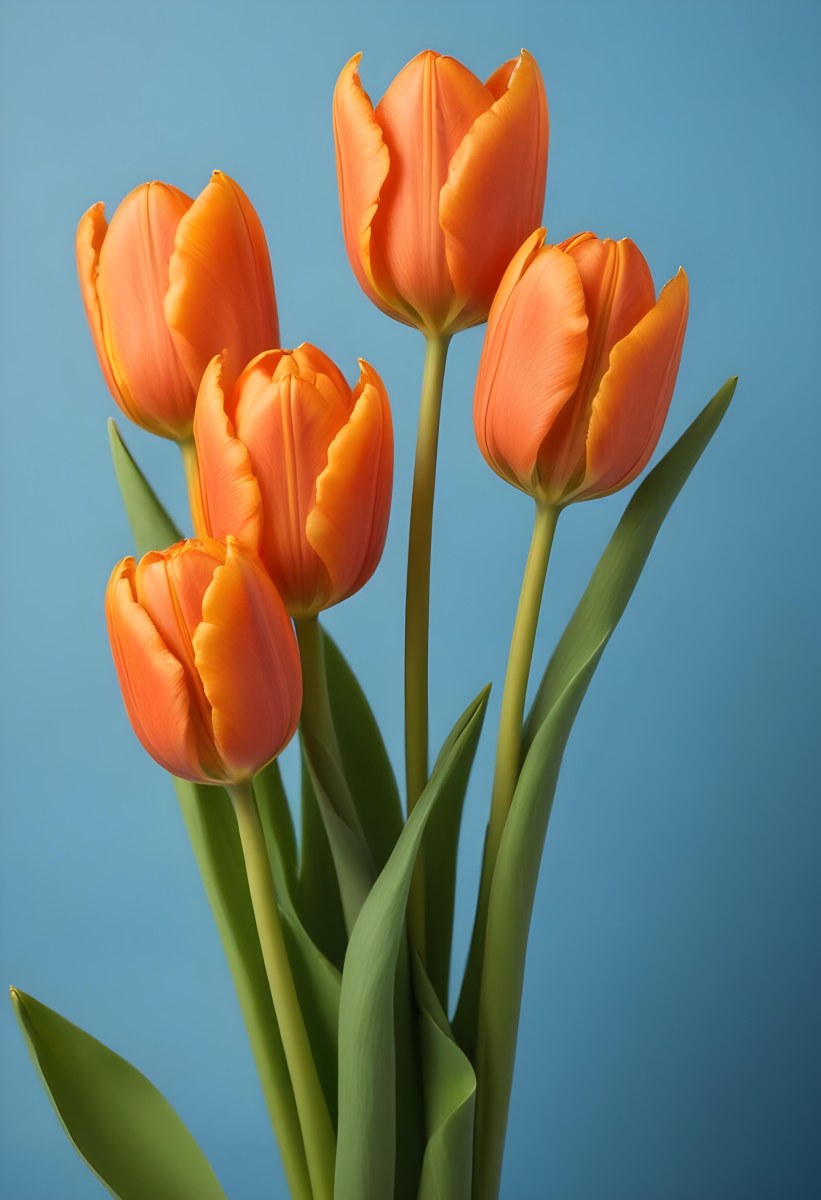 Orange Tulips With Green Stems Against A Blue Background 27 243f