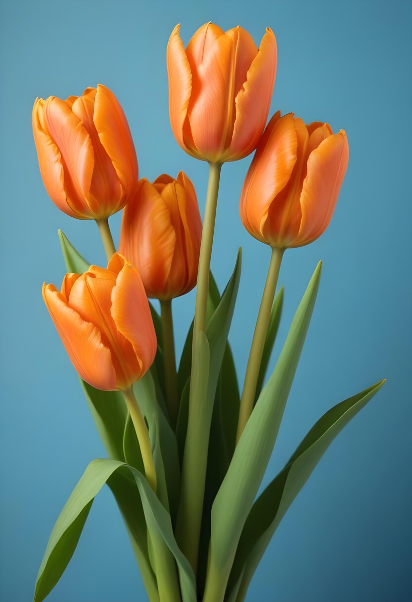 Orange Tulips With Green Stems Against A Blue Background 3 A93e