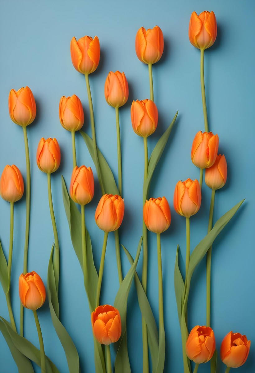 Orange Tulips With Green Stems Against A Blue Background 4 A1b3