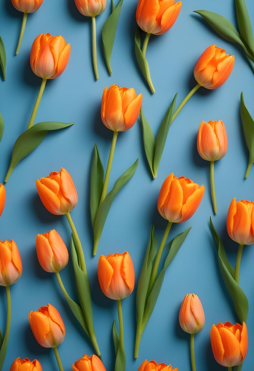 Orange Tulips With Green Stems Against A Blue Background 6 7dc3