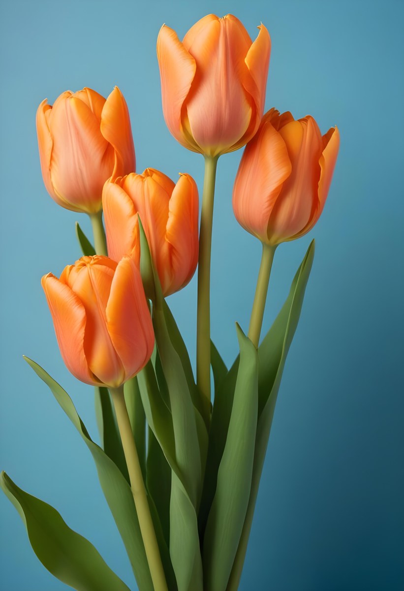 Orange Tulips With Green Stems Against A Blue Background 7 960b