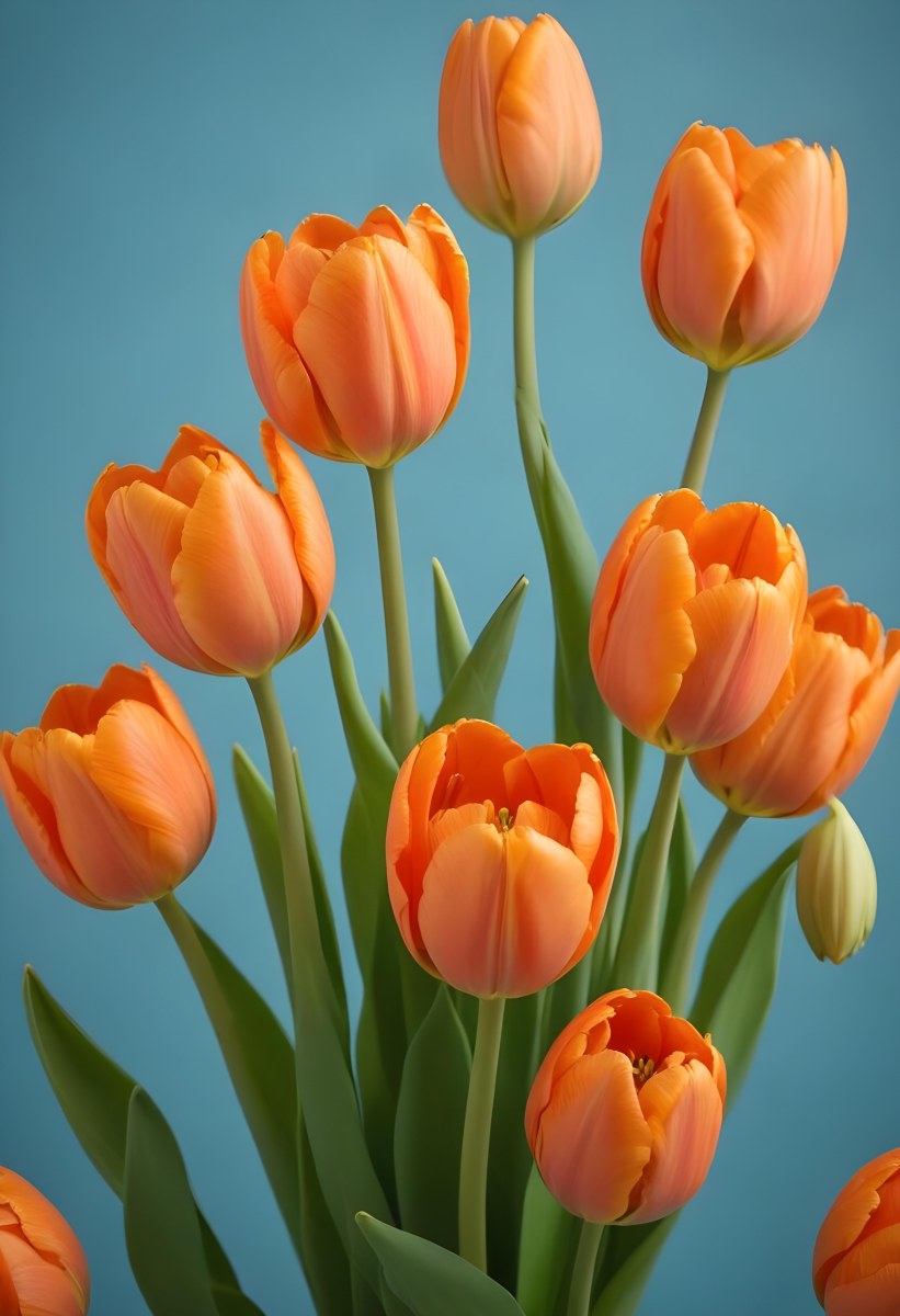 Orange Tulips With Green Stems Against A Blue Background 8 C1db