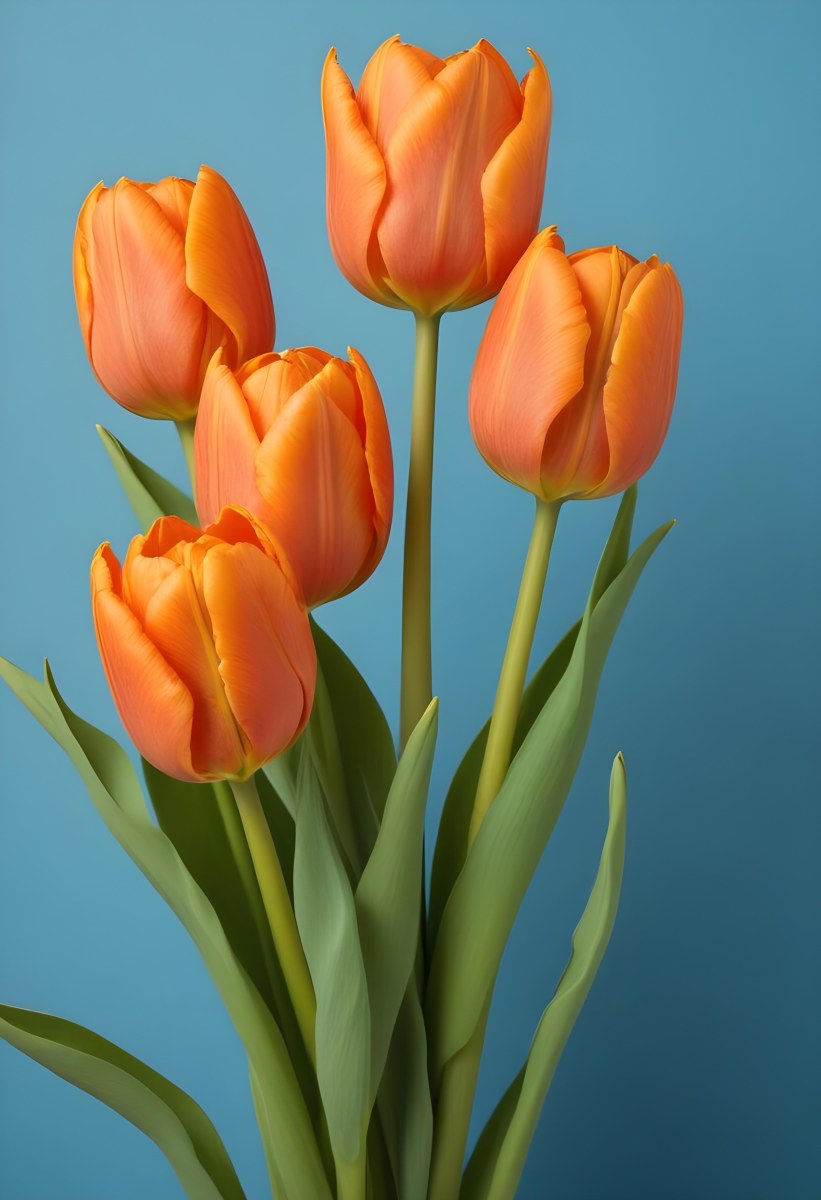 Orange Tulips With Green Stems Against A Blue Background 9 D2af