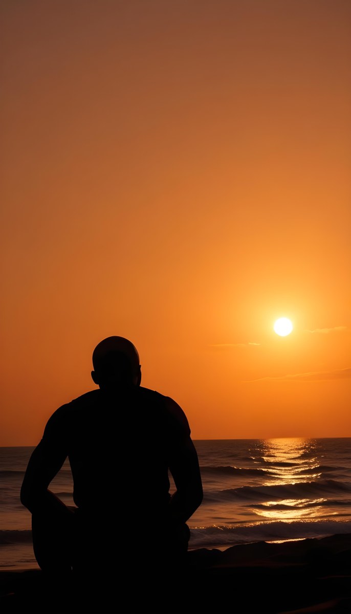 Silhouette Of A Black Man 30 Years Old Bald Contemplating The Sunset On The Beach Orange Sky Dark Ocean 20 C4e5