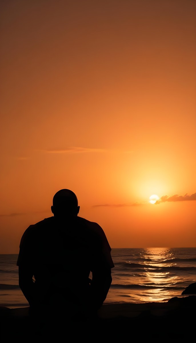 Silhouette Of A Black Man 30 Years Old Bald Contemplating The Sunset On The Beach Orange Sky Dark Ocean 21 5ba9