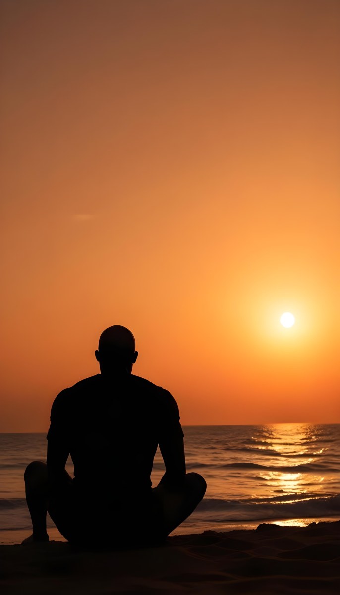Silhouette Of A Black Man 30 Years Old Bald Contemplating The Sunset On The Beach Orange Sky Dark Ocean 31 0d20