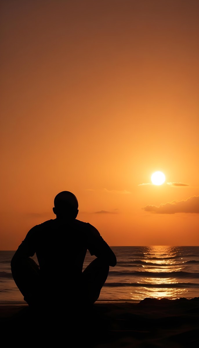 Silhouette Of A Black Man 30 Years Old Bald Contemplating The Sunset On The Beach Orange Sky Dark Ocean 35 A488