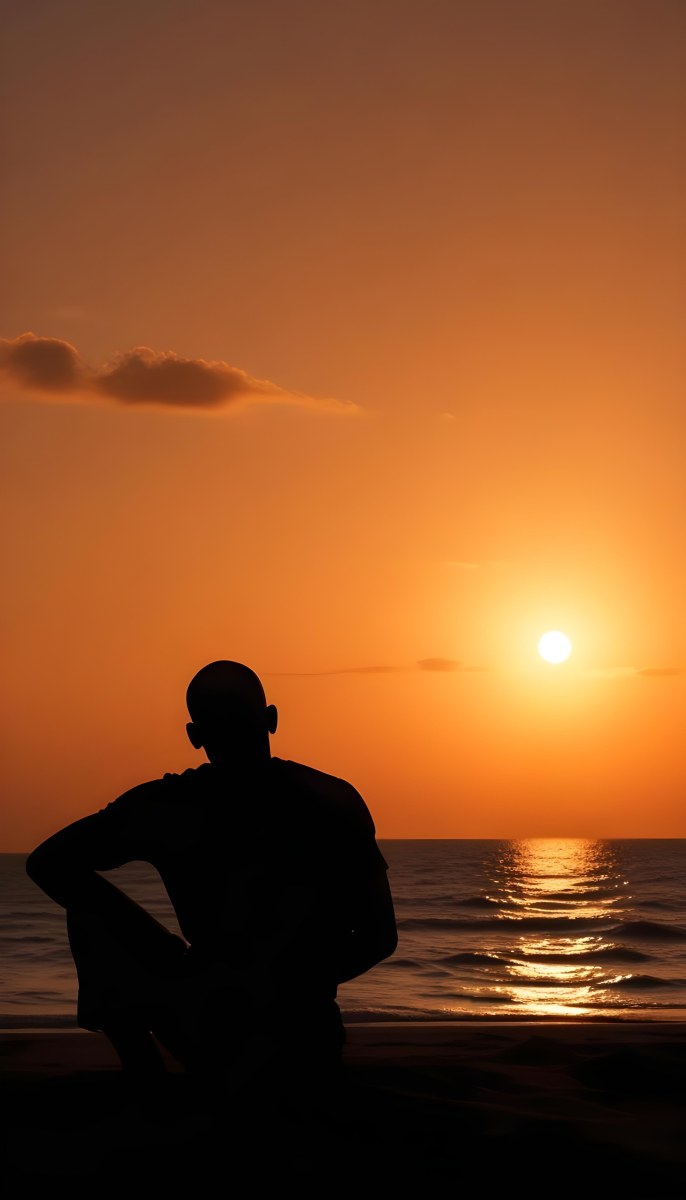 Silhouette Of A Black Man 30 Years Old Bald Contemplating The Sunset On The Beach Orange Sky Dark Ocean 37 260f