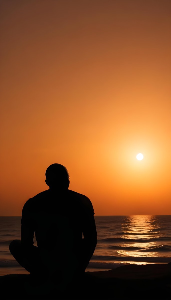 Silhouette Of A Black Man 30 Years Old Bald Contemplating The Sunset On The Beach Orange Sky Dark Ocean 38 E9f8