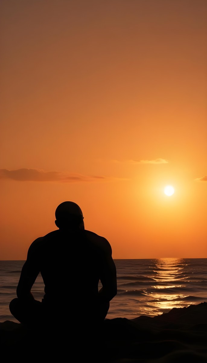 Silhouette Of A Black Man 30 Years Old Bald Contemplating The Sunset On The Beach Orange Sky Dark Ocean 39 Ffeb