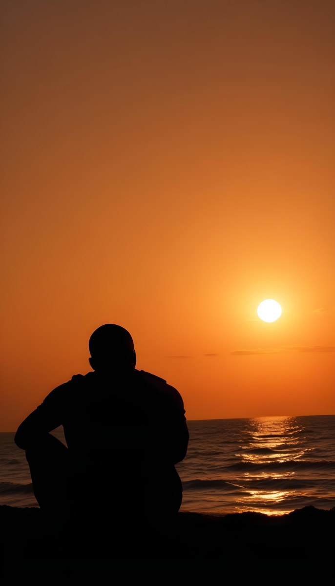 Silhouette Of A Black Man 30 Years Old Bald Contemplating The Sunset On The Beach Orange Sky Dark Ocean 4 0947