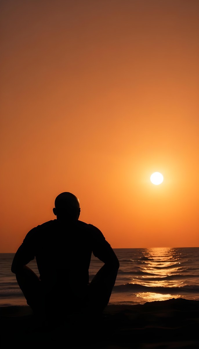 Silhouette Of A Black Man 30 Years Old Bald Contemplating The Sunset On The Beach Orange Sky Dark Ocean 41 17ac
