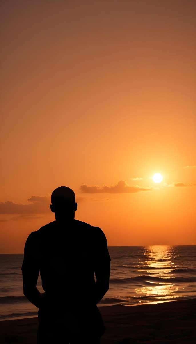 Silhouette Of A Black Man 30 Years Old Bald Contemplating The Sunset On The Beach Orange Sky Dark Ocean 5 3b01