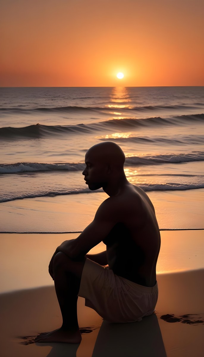 Silhouette Of A Black Man 30 Years Old Bald Contemplating The Sunset On The Beach Orange Sky Dark Ocean 7 8038
