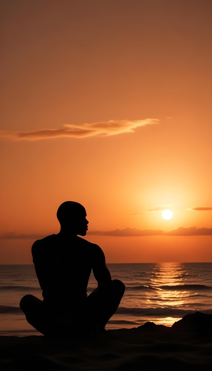 Silhouette Of A Black Man 30 Years Old Bald Contemplating The Sunset On The Beach Orange Sky Dark Ocean 9 4cbf